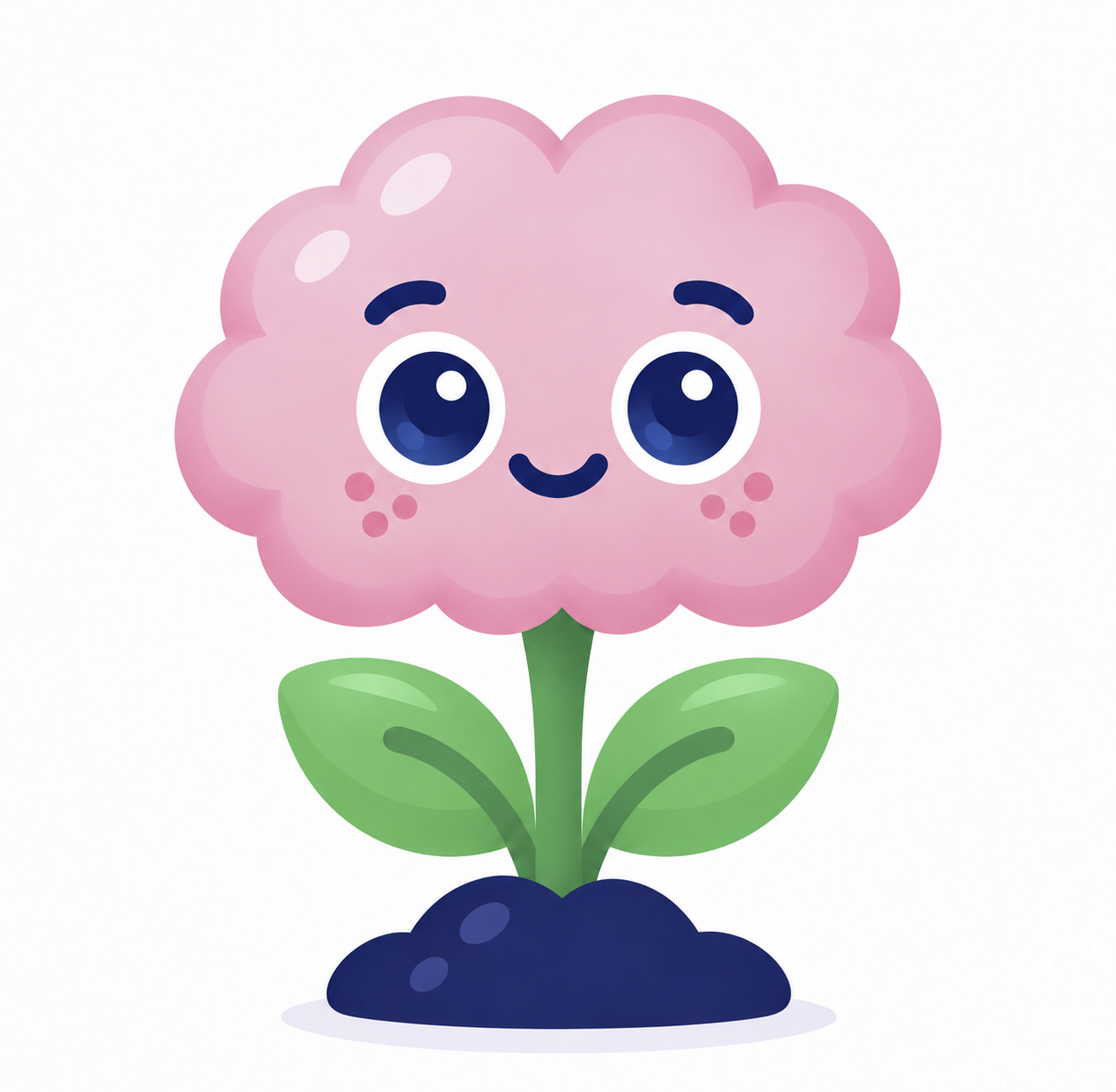 Bloop smiles: a pink brain-shaped flower with green leaves and a kind smile.