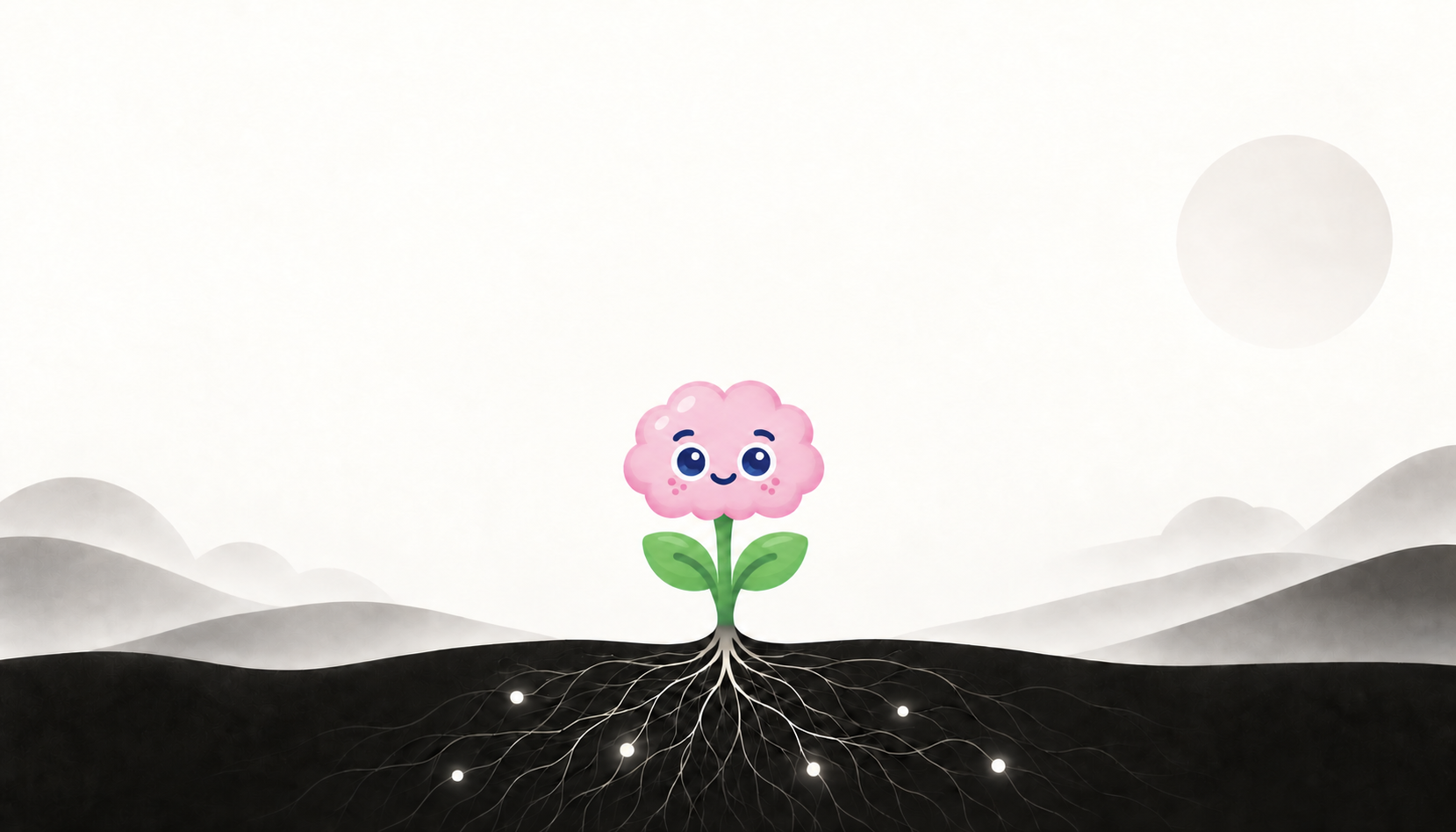 Pink Bloop grows above quiet gray hills. Beneath the ground, a delicate network of roots holds little points of light.